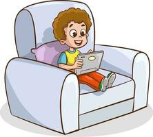 Boy sitting on the sofa and using a tablet computer. Vector illustration