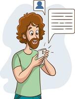 un joven feliz usa mensajes de texto modernos en línea. un tipo sonriente mira la pantalla del teléfono inteligente enviando un correo electrónico o un mensaje en Internet. ilustración vectorial vector