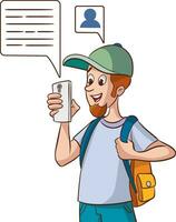 Happy young man use modern cellphone texting online. Smiling guy look at smartphone screen sending email or message on internet. Vector illustration.