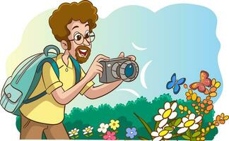 vector ilustración de un hombre tomando un imagen de flores con un cámara