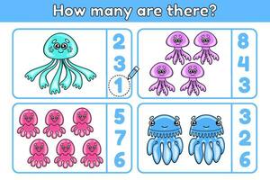 Educational math kids game with cartoon ocean jellyfishes. Count and choose correct number. Exercise for training addition skills. Counting worksheet for preschool and school children. Vector design.