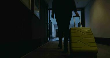 mulher com viagem saco caminhando para dela hotel quarto video