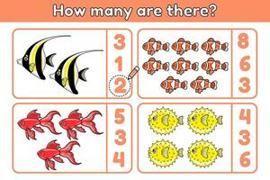 Educational math kids game with cartoon ocean fishes. Count and choose correct number. Exercise for training addition skills. Counting worksheet for preschool and school children. Vector template.