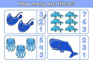 Educational math kids game with cartoon sea animals. Count and choose correct number. Exercise for training addition skills. Counting worksheet for preschool and school children. Vector illustration.