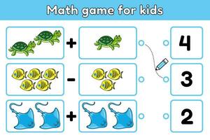 Math educational game for kids with cartoon sea animals. Exercise for training addition and subtraction. Solve mathematical example and choose correct number. Worksheet for education children. Vector. vector