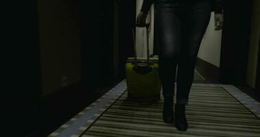 mulher turista com mala de viagem A chegar dentro a hotel video