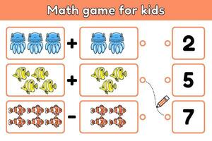 Educational kids game with cartoon sea fishes and jellyfishes. Solve a math example and choose correct number. Exercise for training addition skills. Counting worksheet for education children. Vector. vector