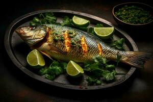 Whole fish with a grilled skin Arab food Generative AI photo