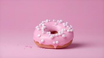 Bitten pink icing donut with marshmallows on pink background, AI Generated photo