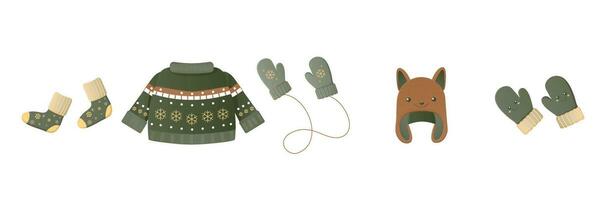 winter accessories, green, hat , mittens, socks, vector