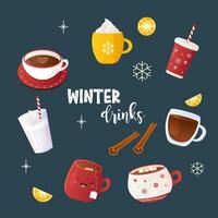 invierno bebidas, té, café, colocar, acortar arte, reflexionado vino, malvavisco y letras vector