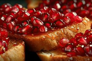 Pomegranate toast, macro shot of a fresh breakfast with Dripping Honey, AI Generated photo
