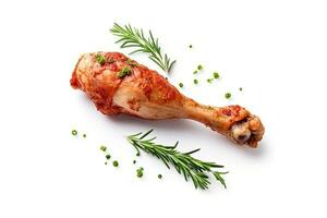 Chicken Drumstick meat and herbs isolated on white, Generative AI photo