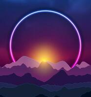 Retro abstract background witn neon ring and night mountains vector