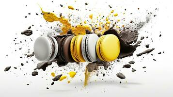 Explosion from macarons, black and white, one is color yellow, white background AI Generated photo