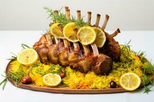 Lamb Shank Biryani Rice with lemon and mint on top Generative AI photo