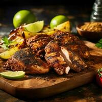 Slices of home-made jerk chicken fillets marinated in jerk seasoning, AI Generated photo