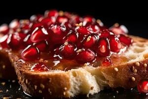 Pomegranate toast, macro shot of a fresh breakfast with Dripping Honey, AI Generated photo