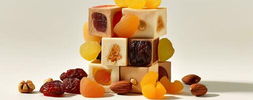 Cube shaped, mix dry fruit on white background, AI Generated photo