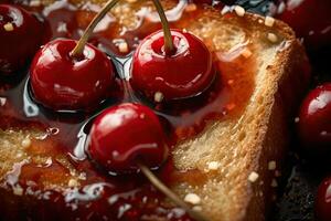 cherry toast, macro shot of a fresh breakfast with Dripping Honey, AI Generated photo