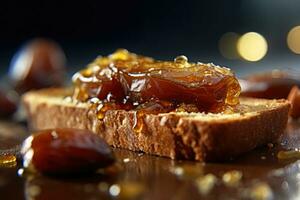 Saudi Arab Dates toast, macro shot of a fresh breakfast with Dripping Honey, AI Generated photo