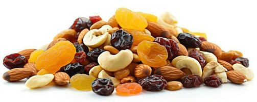 Footer of mix dry fruit on white background, AI Generated photo