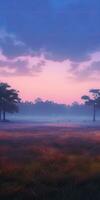 Gloomy Meadow, A dark and foreboding meadow landscape with a thick and colorful fog AI Generated photo