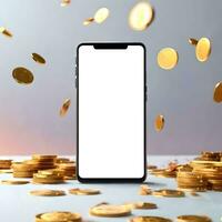 A standing blank smartphone 3d photo mockup surrounded by sprinkled and raining shiny gold coins with a clean and simple background