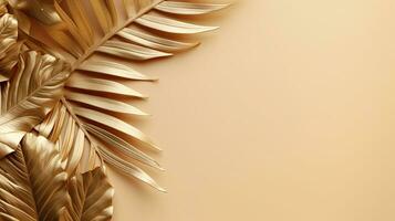 Gold colored tropical palm leaves on beige background AI Generated photo