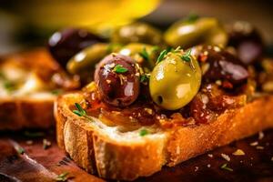 Olives toast, macro shot of a fresh breakfast, AI Generated photo