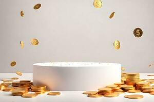 Simple 3D Pedestal Podium Surrounded By Sprinkled And Raining Gold Coins With Clean Background photo