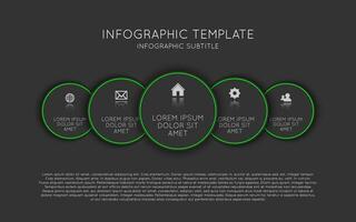 Vector infographic template with five dark circles with icons and descriptions. Modern process scheme on black background