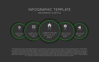 plantilla infográfica vectorial con cinco círculos oscuros con iconos y descripciones. esquema de proceso moderno sobre fondo negro vector