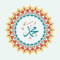 Arabic and islamic calligraphy of the prophet Muhammad, peace be upon him, traditional and modern islamic art can be used for many topics like Mawlid, El Nabawi . Translation, the prophet Muhammad vector