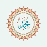 Arabic and islamic calligraphy of the prophet Muhammad, peace be upon him, traditional and modern islamic art can be used for many topics like Mawlid, El Nabawi . Translation, the prophet Muhammad vector