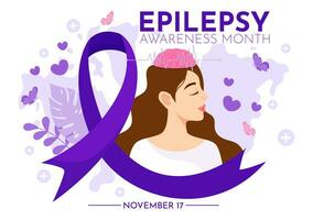 Epilepsy Awareness Month Vector Illustration is Observed Every Year in November with Brain and Mental Health in Flat Cartoon Purple Background