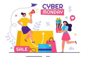 ciber lunes evento vector ilustración con súper rebaja y grande descuento compras bienes en papel pantalones para promociones en plano dibujos animados antecedentes