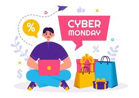 Cyber Monday Event Vector Illustration with Super Sale and Big Discount Purchases Goods in Paper Bags for Promotions in Flat Cartoon Background