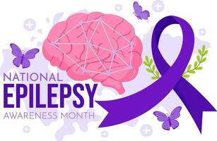 epilepsia conciencia mes vector ilustración es observado cada año en noviembre con cerebro y mental salud en plano dibujos animados púrpura antecedentes