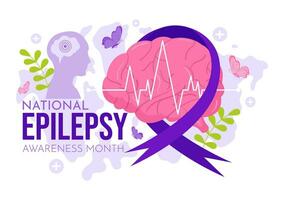 Epilepsy Awareness Month Vector Illustration is Observed Every Year in November with Brain and Mental Health in Flat Cartoon Purple Background