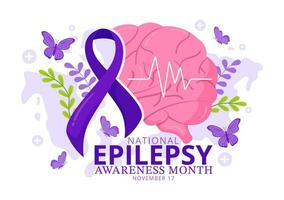 Epilepsy Awareness Month Vector Illustration is Observed Every Year in November with Brain and Mental Health in Flat Cartoon Purple Background