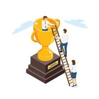 Isometric teamwork concept. colleagues to climb up ladder step on winning trophy. illustrator vector. vector