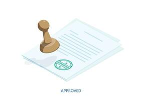 Isometric stamp over a document, a check mark and the word approved on white background. Vector illustration.