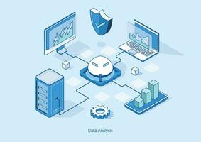 Isometric data analysis. Modern digital graphics and charts analyzing statistics. 3d datacenter or data center room background. illustrator vector. vector