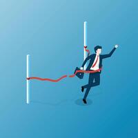 Isometric Business Success Concept. Businessman crossing the finish line with red ribbon. illustrator vector. vector