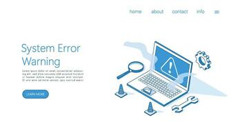 Landing page template system error warning on laptop screen. Isometric vector. vector