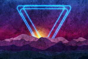 Retro abstract background witn neon triangles and night mountains vector