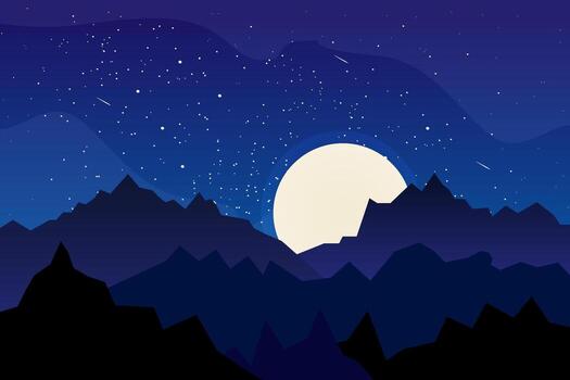 paisaje con montañas, Luna noche escena. vector ilustración diseño
