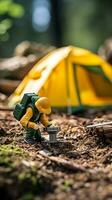 Comedy in Wilderness - Hiker's Amusing Attempt at Toy Tent Pitching AI Generative photo