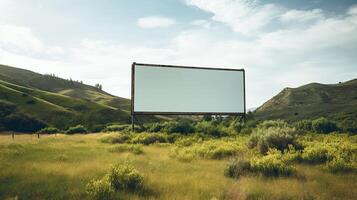 Rural tranquility featuring a blank billboard frame against rolling hills, untapped advertising potential photo